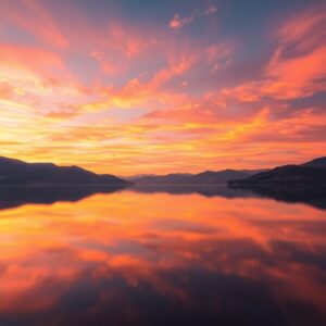 Calm Lake Reflection at Sunset – free AI stock image