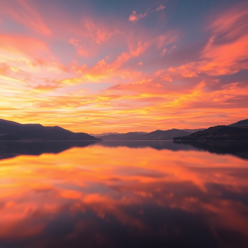 Calm Lake Reflection at Sunset – free AI stock image