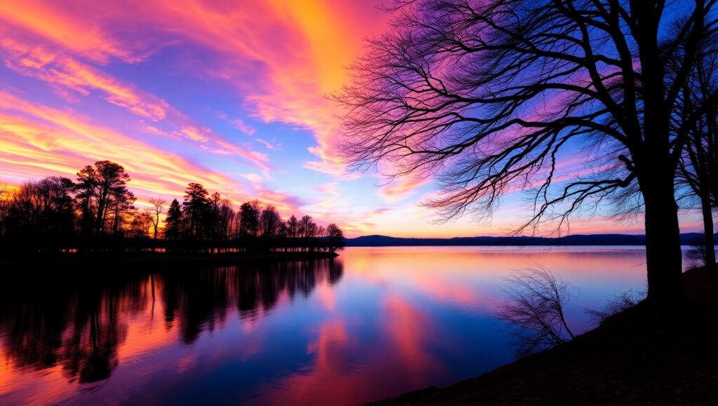Calm Lake Sunset in Acrylic Style – free AI stock image