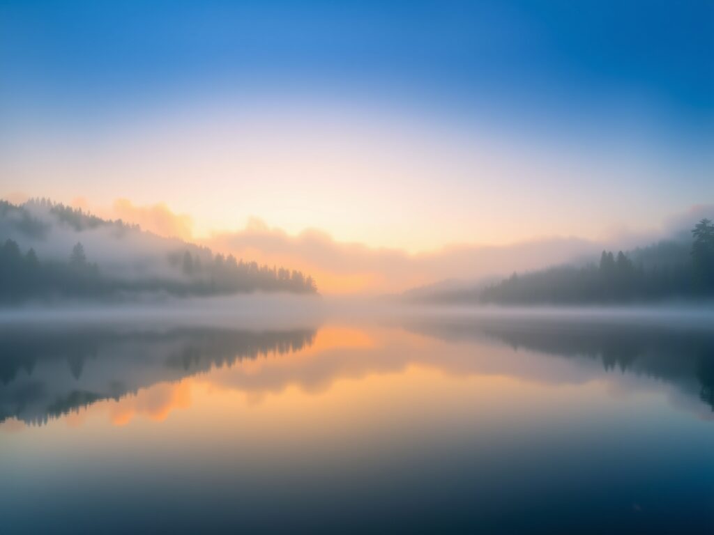 Calm Lake Surrounded by Misty Forests – free AI stock image