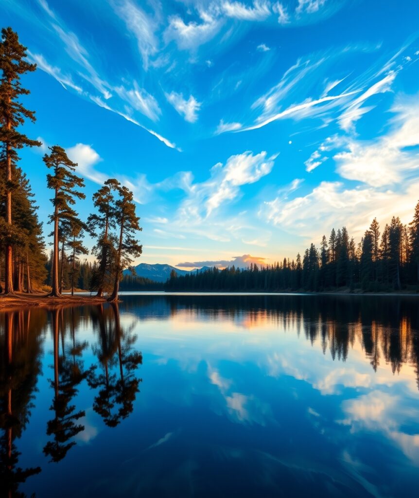 Calm Lake Surrounded by Tall Pines – free AI stock image