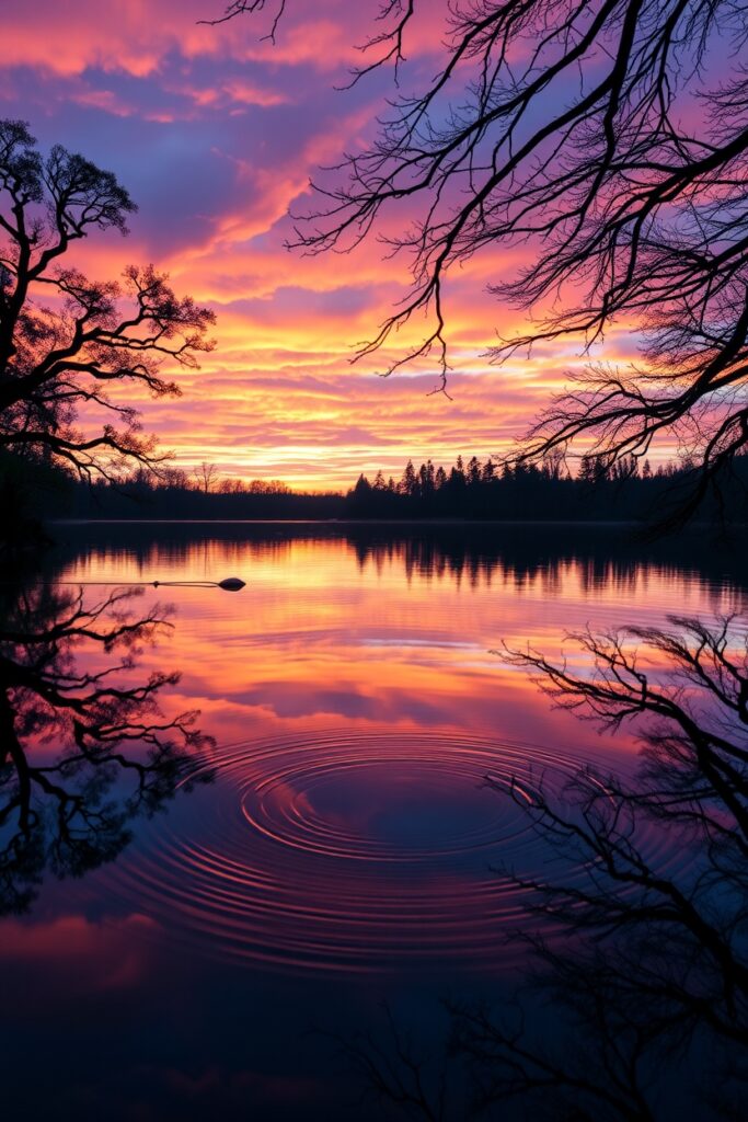 Calm Lake Under a Glowing Sunset – free AI stock image