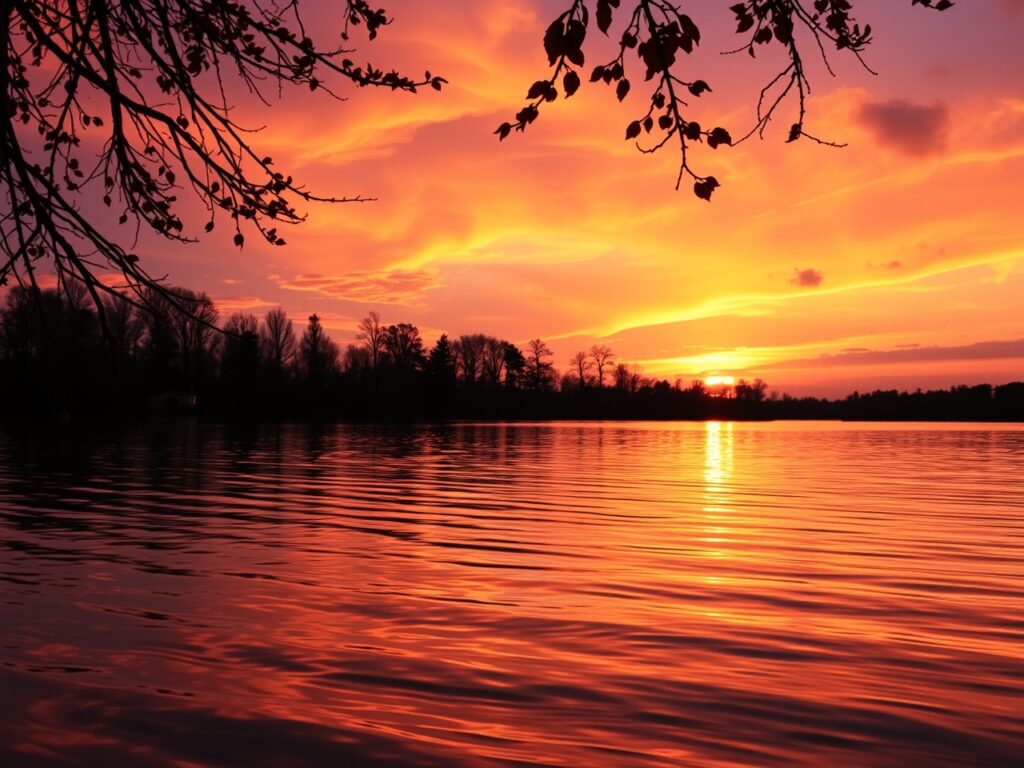 Calm Lake Under a Golden Sunset Reflection – free AI stock image