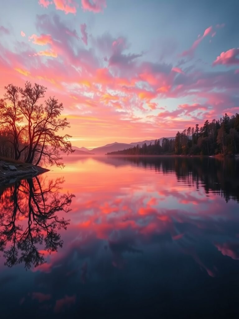 Calm Lake Under a Reflective Sunset Sky – free AI stock image