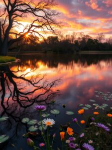 Calm Lake with Mirror Reflection at Sunset – free AI stock image