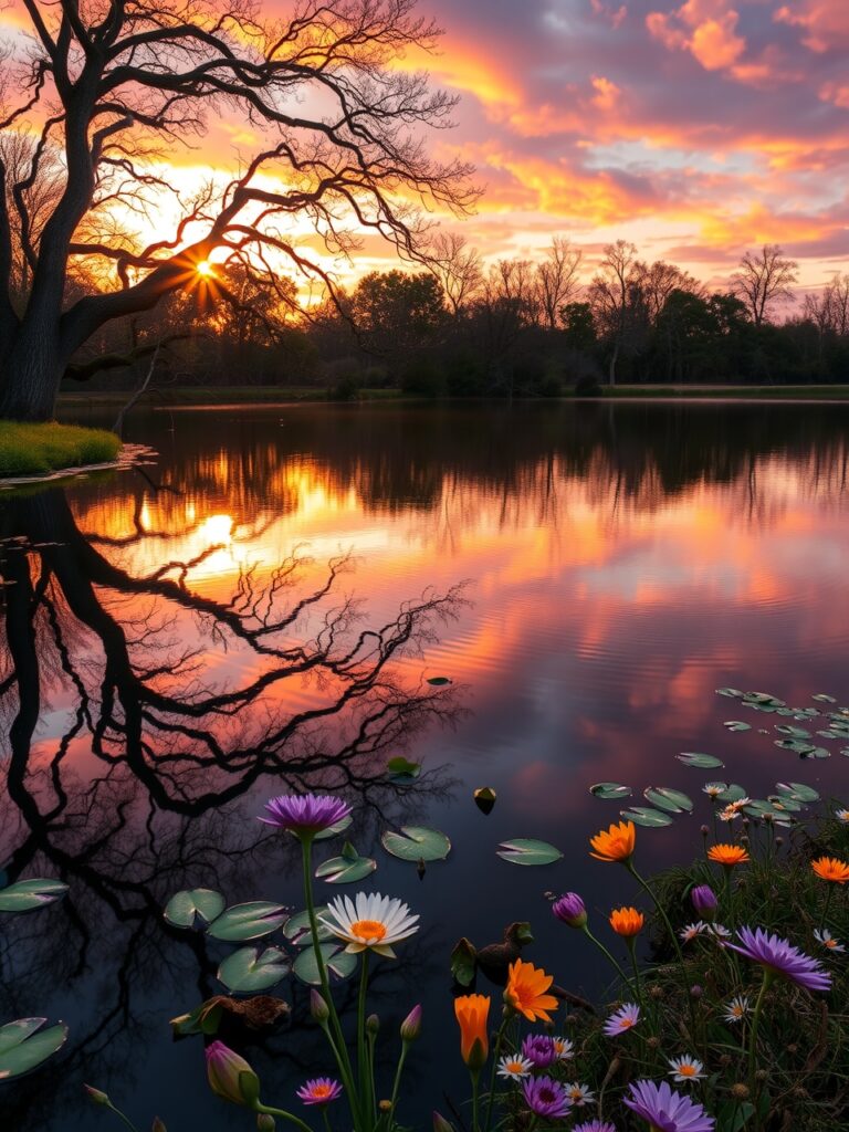 Calm Lake with Mirror Reflection at Sunset – free AI stock image