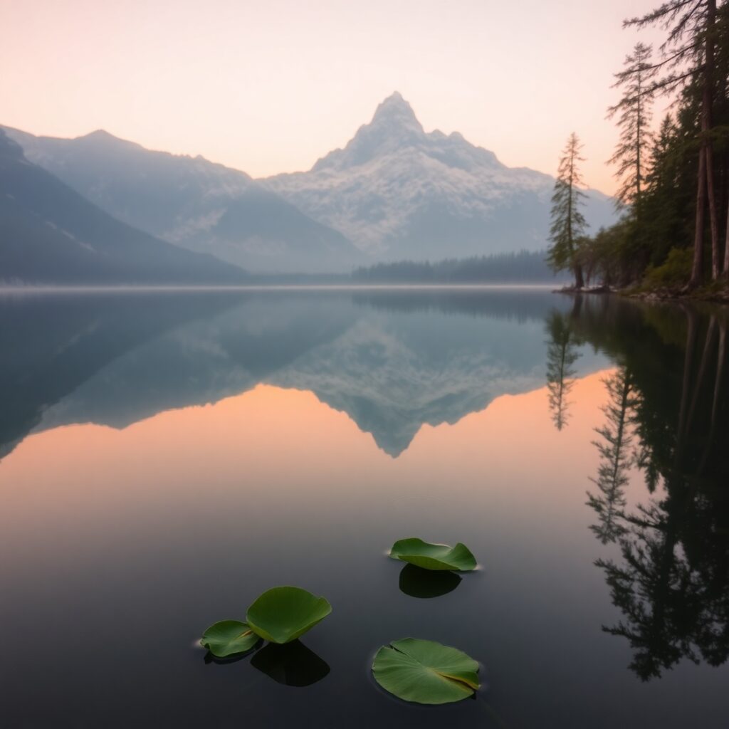 Calm Lake with Reflective Mountains – free AI stock image