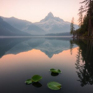 Calm Lake with Reflective Mountains – free AI stock image