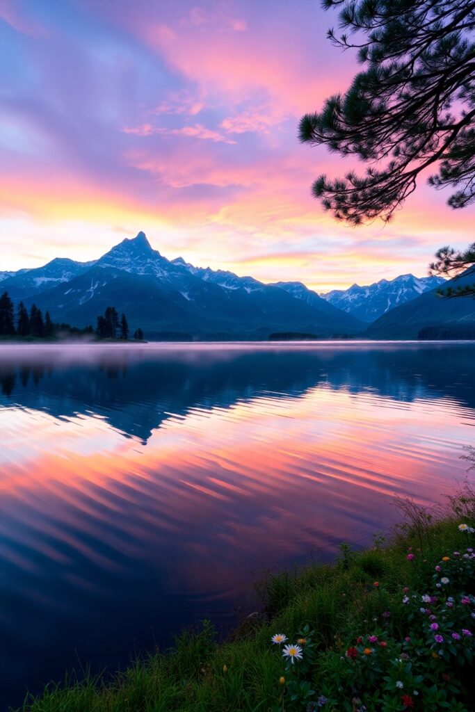 Calm Lake with Reflective Mountains – free AI stock image