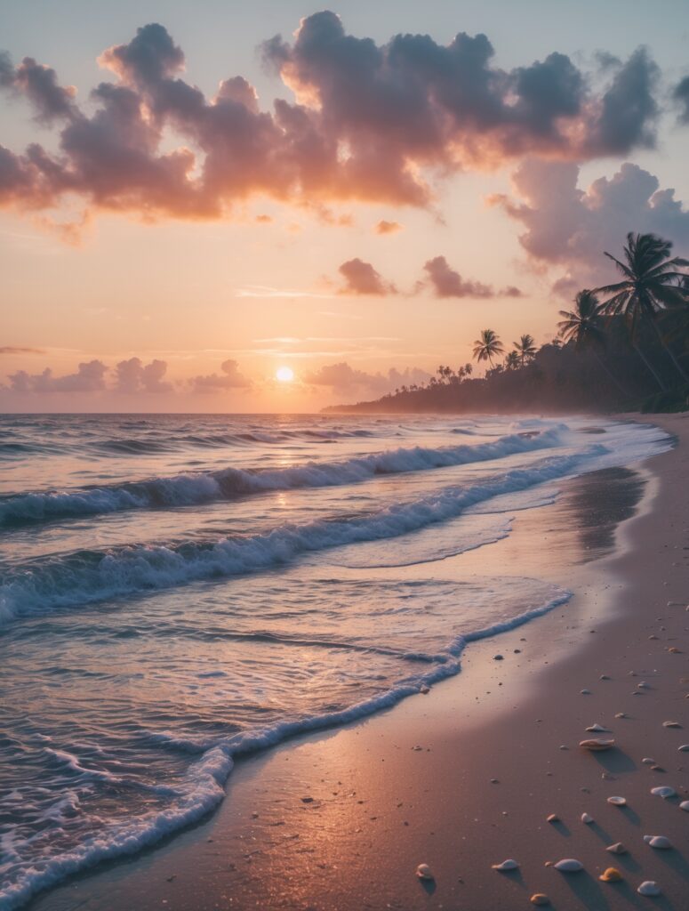 Calm Sunrise Over Serene Beach Waves – free AI stock image