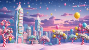 Candy City Under Twilight – free AI stock image