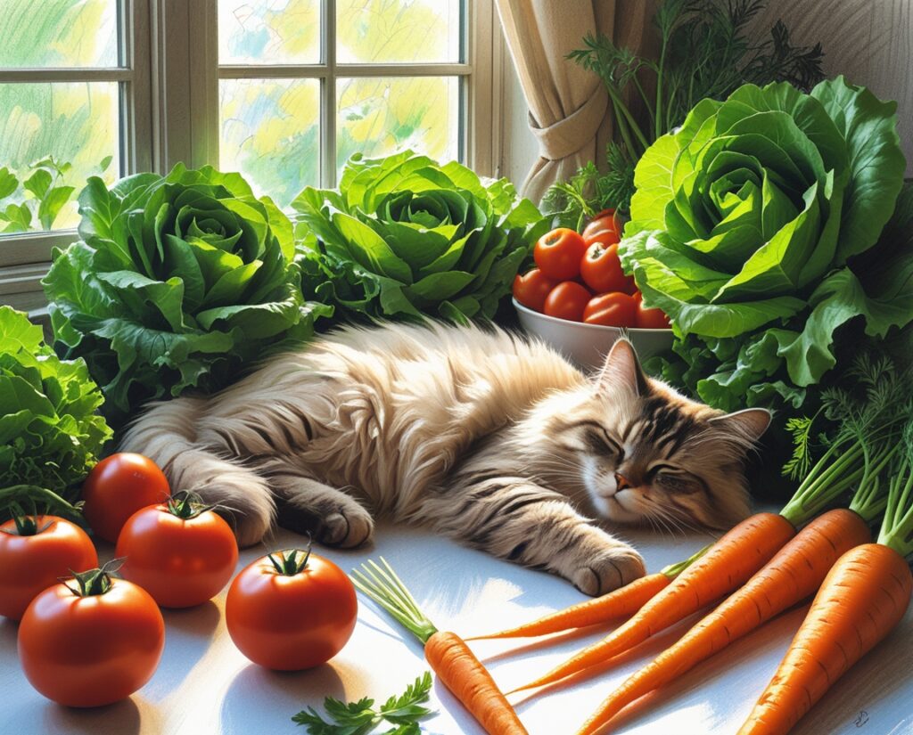 Cat Sitting Among Fresh Vegetables – free AI stock image
