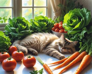 Cat Sitting Among Fresh Vegetables – free AI stock image