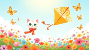 Cat with Kite in a Meadow – free AI stock image