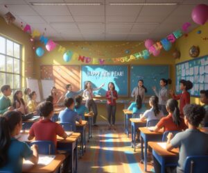 Celebrating New Year in a Classroom – free AI stock image