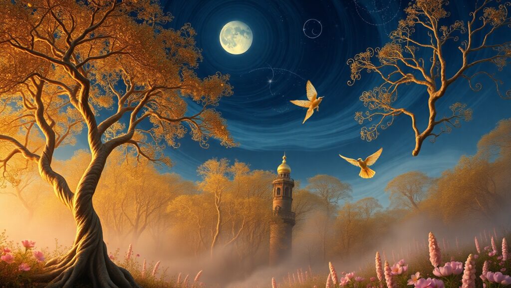 Celestial Bronze Forest Dance – free AI stock image