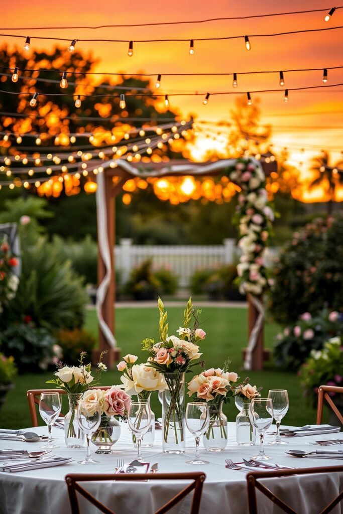 Charming Garden Wedding Scene at Sunset – free AI stock image