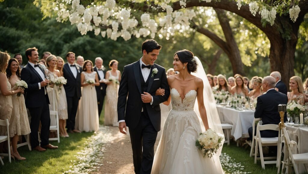 Charming Outdoor Wedding Celebration Under the Trees – free AI stock image