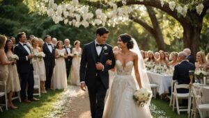 Charming Outdoor Wedding Celebration Under the Trees – free AI stock image