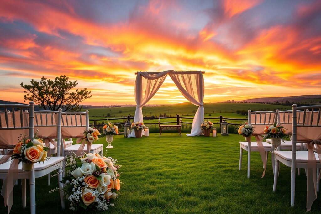 Charming Outdoor Wedding Ceremony at Sunset – free AI stock image
