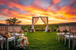 Charming Outdoor Wedding Ceremony at Sunset – free AI stock image
