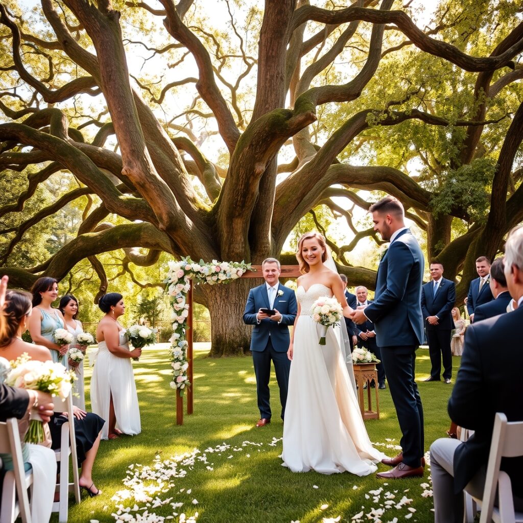 Charming Outdoor Wedding Ceremony Under Trees – free AI stock image