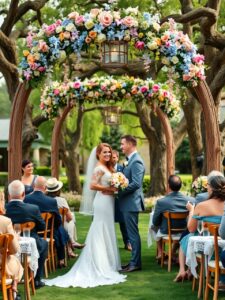 Charming Outdoor Wedding Under Flower Arbor – free AI stock image