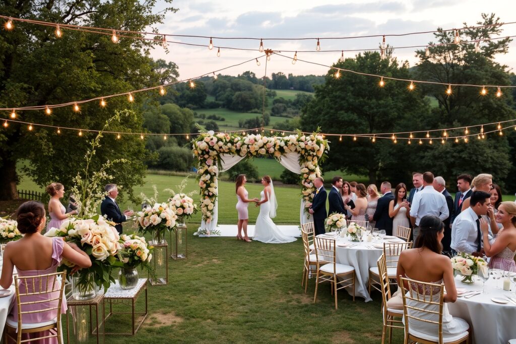 Charming Outdoor Wedding Under String Lights – free AI stock image