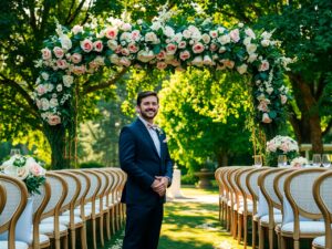 Charming Outdoor Wedding with Floral Arch – free AI stock image