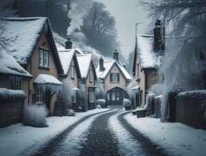 Charming Vintage Snow-Covered Village Scene – free AI stock image