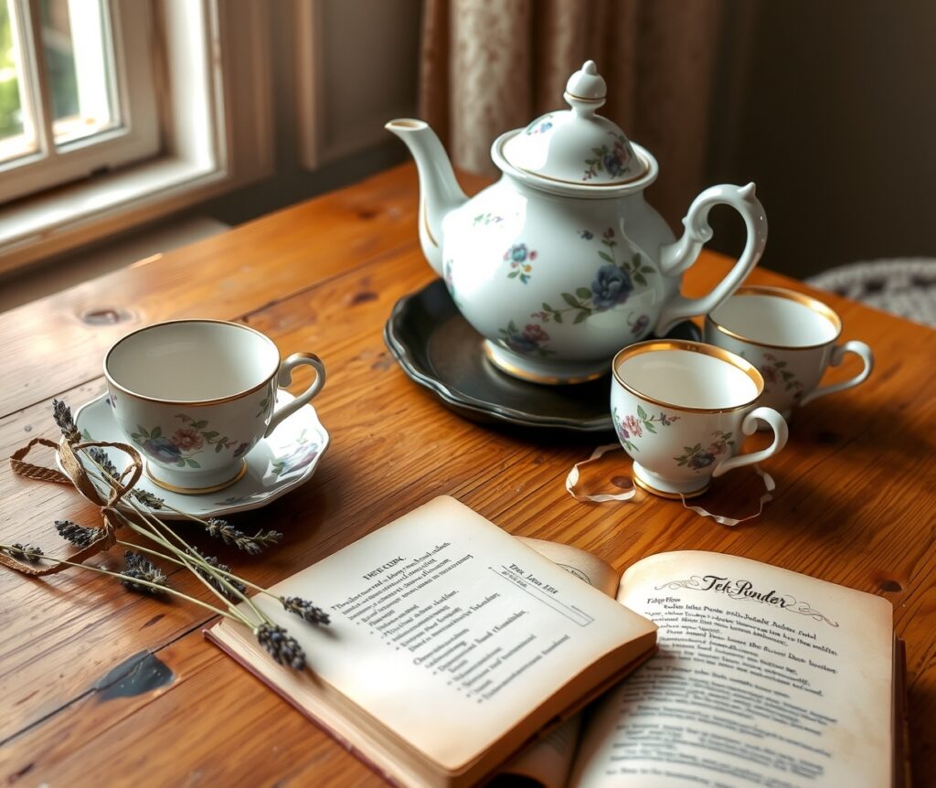 Charming Vintage Tea Set on Wooden Table – free AI stock image