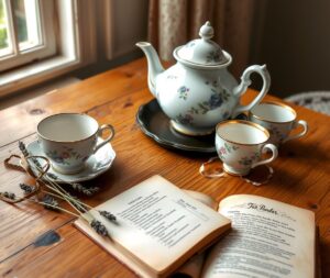 Charming Vintage Tea Set on Wooden Table – free AI stock image