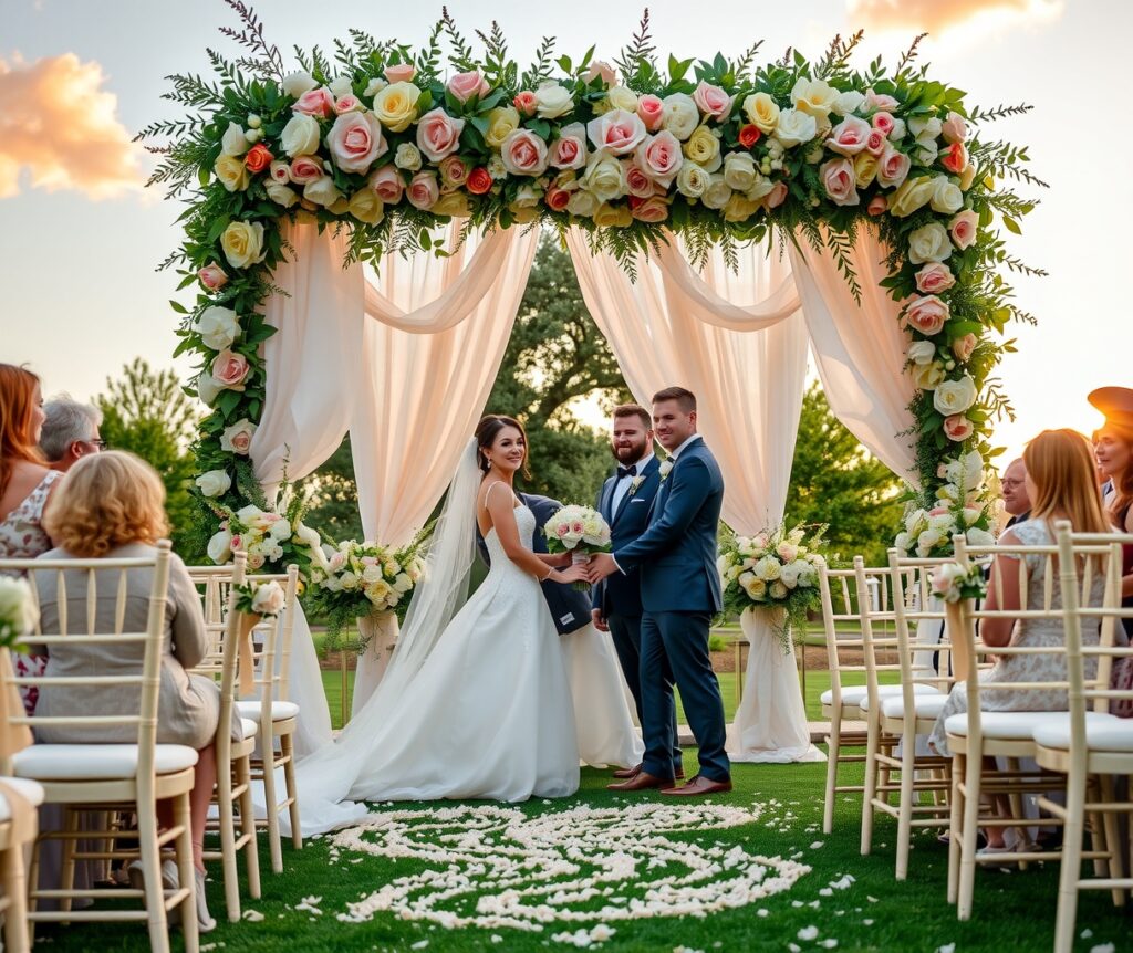 Charming Wedding Ceremony Under a Floral Arch – free AI stock image