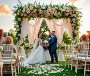 Charming Wedding Ceremony Under a Floral Arch – free AI stock image