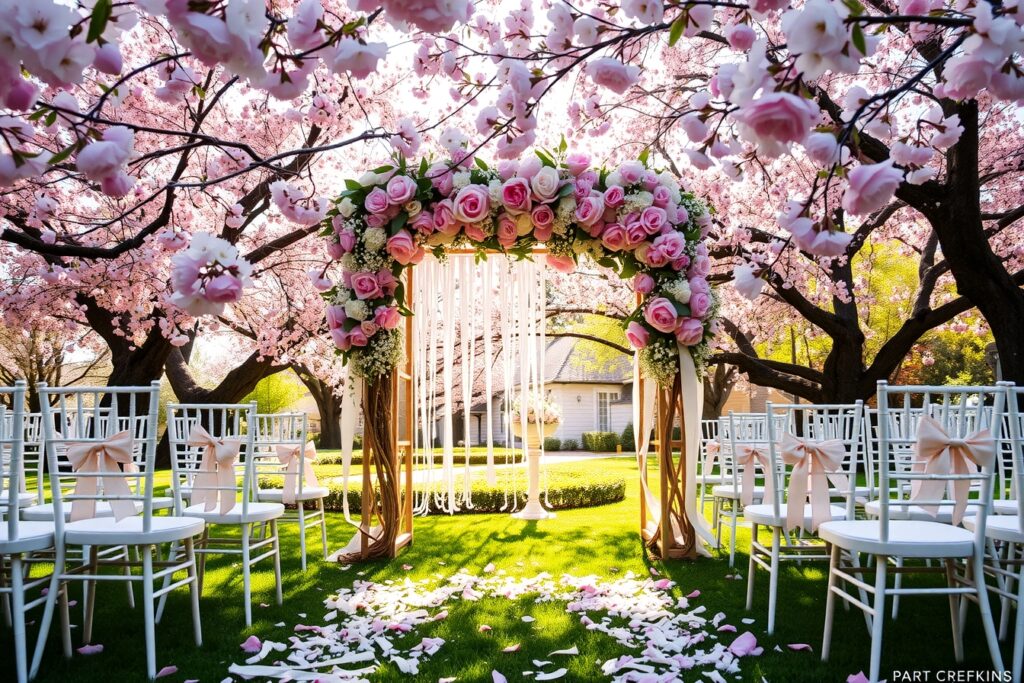 Charming Wedding Ceremony Under Blossoming Trees – free AI stock image