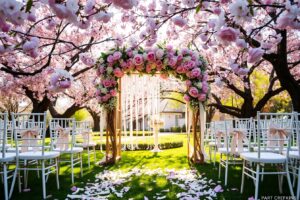 Charming Wedding Ceremony Under Blossoming Trees – free AI stock image