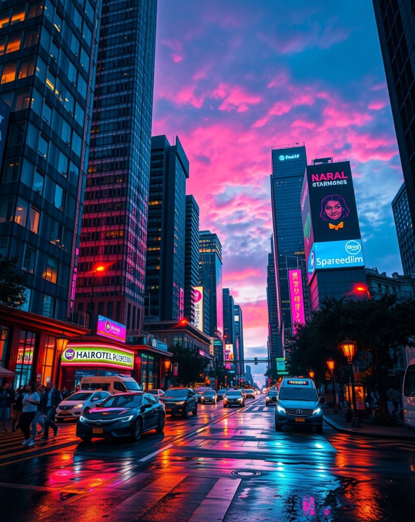 City at Dusk with Neon Lights – free AI stock image