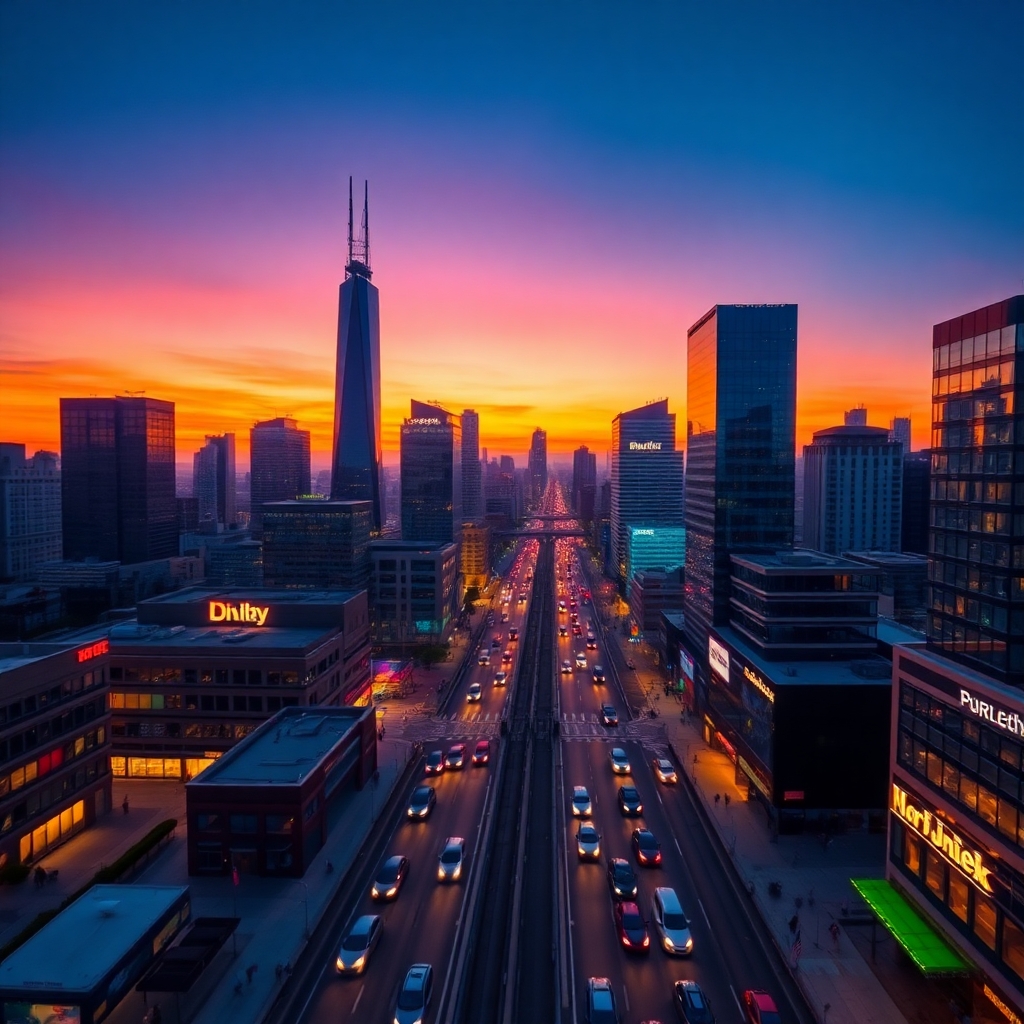 City Lights and Skyscrapers at Dusk – free AI stock image