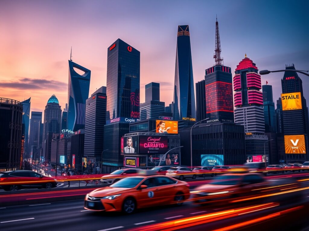 City Skyline at Dusk with Neon Lights – free AI stock image