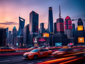 City Skyline at Dusk with Neon Lights – free AI stock image