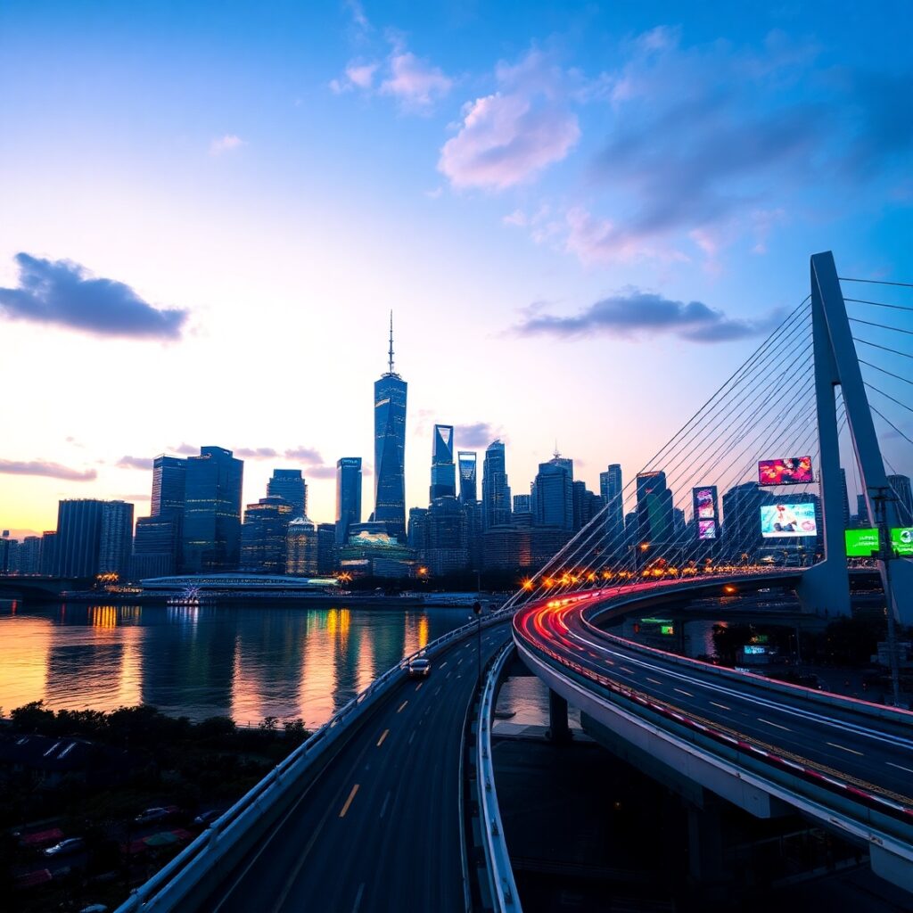 City Skyline at Dusk with Reflective Lights – free AI stock image