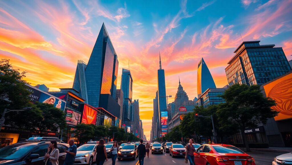 City Skyline at Sunset – free AI stock image