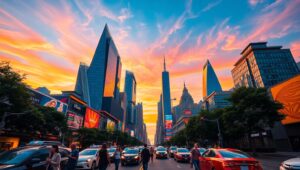 City Skyline at Sunset – free AI stock image