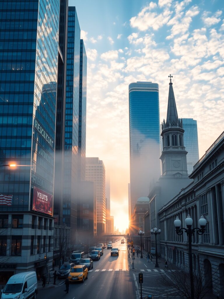 Cityscape at Dawn with Towering Skyscrapers – free AI stock image