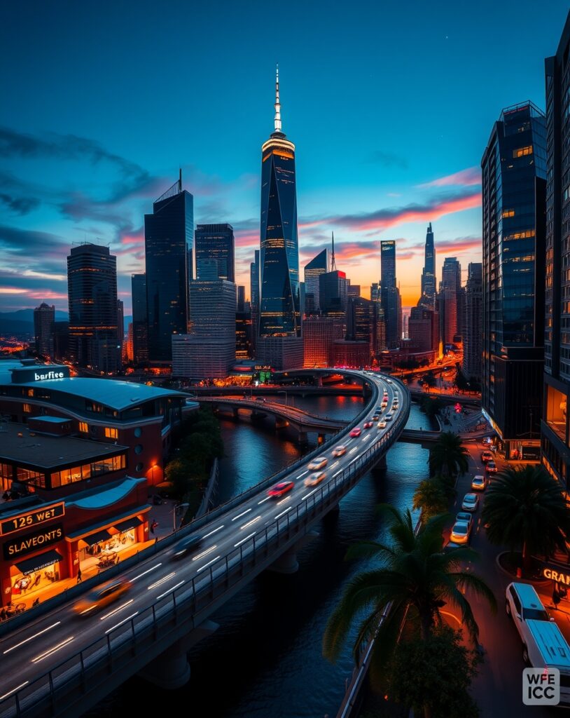 Cityscape at Dusk with Bright Lights – free AI stock image