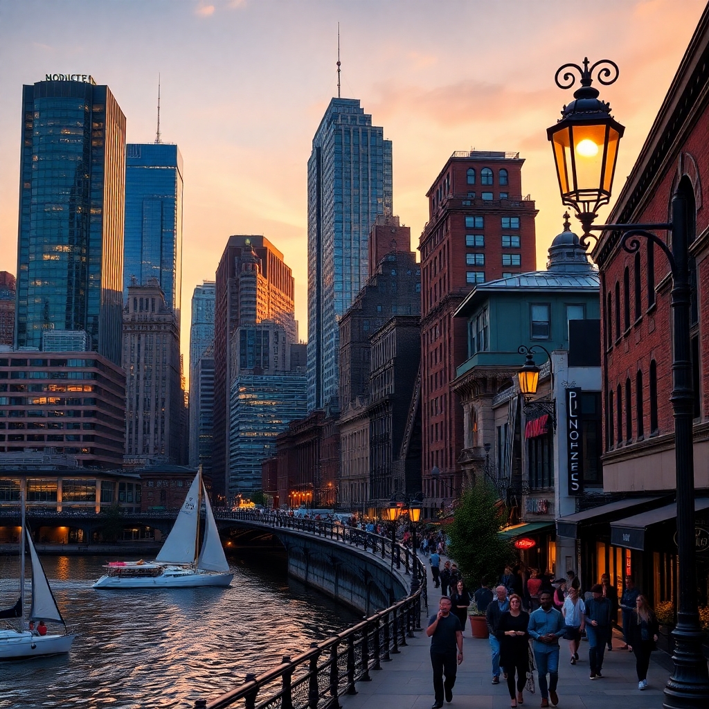 Cityscape at Dusk with Glowing Lights – free AI stock image