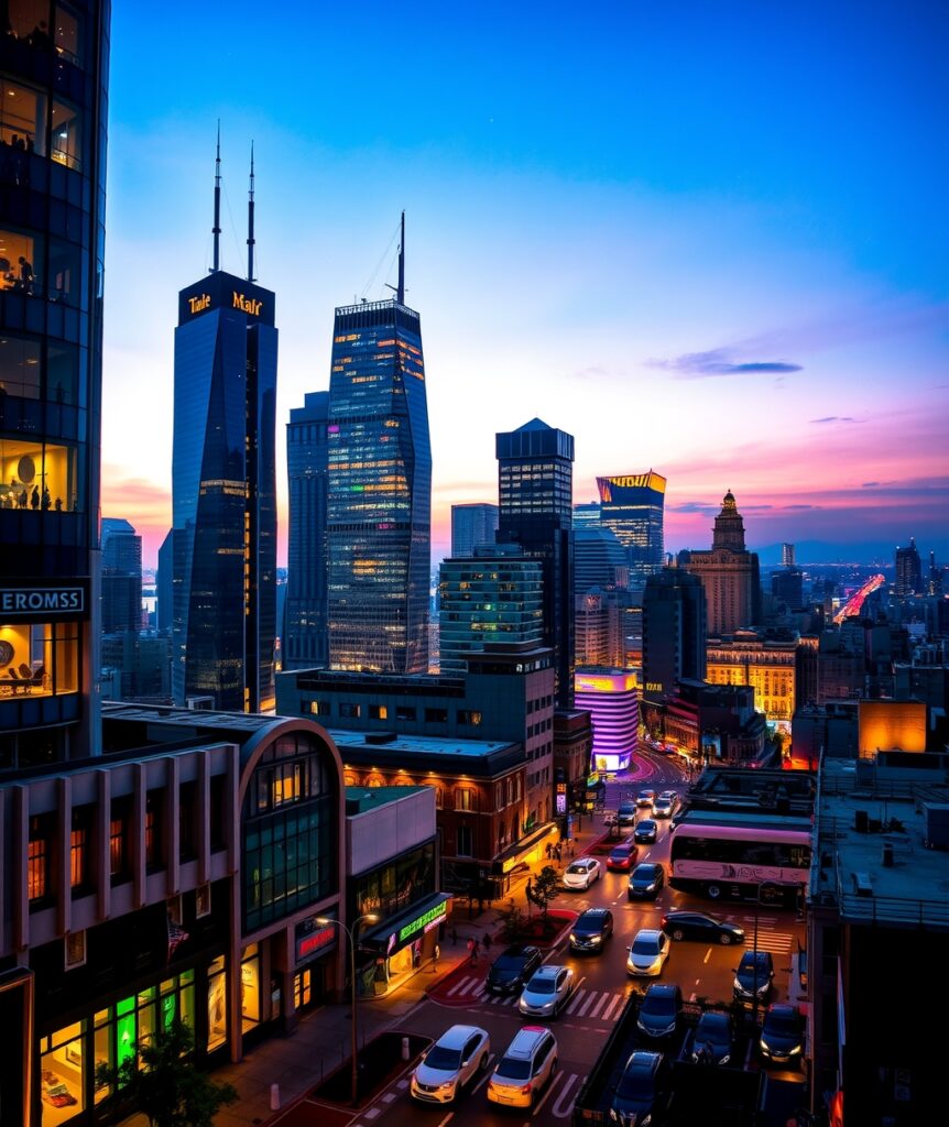 Cityscape at Dusk with Illuminated Skyscrapers – free AI stock image