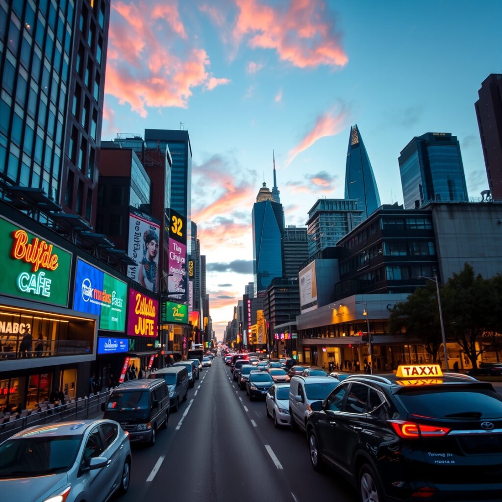 Cityscape at Dusk with Neon Highlights – free AI stock image