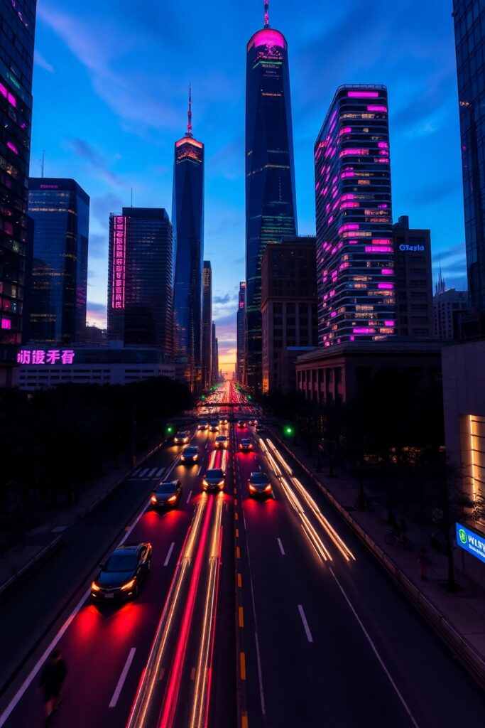 Cityscape at Dusk with Neon Lights – free AI stock image