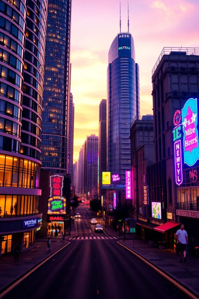 Cityscape at Dusk with Neon Lights – free AI stock image